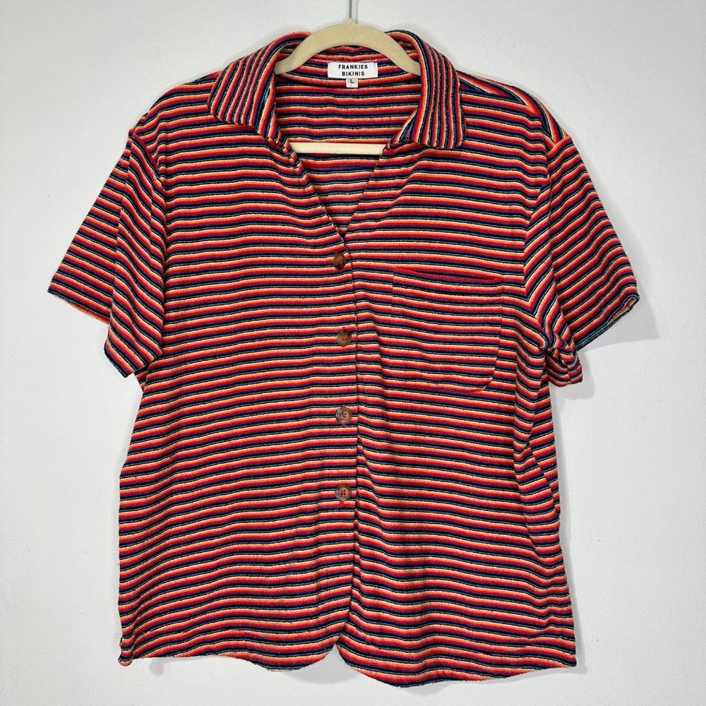 FRANKIES BIKINIS‎ Coco Stripe Terry Cover-up Top In Sunset Stripe Sz L - Picture 2 of 9